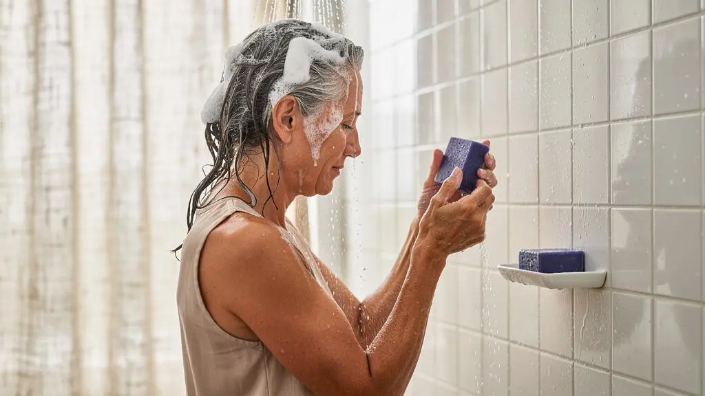 Une femme aux cheveux gris fait mousser un galet de shampoing solide bleu sous la douche.