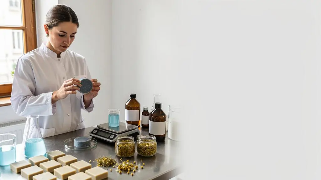 Une formulatrice examine un galet de shampoing solide bleu dans un atelier de cosmétique naturelle en France.
