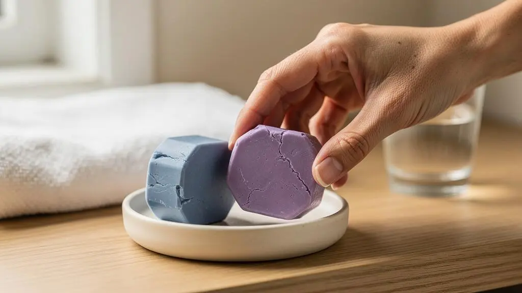 Deux galets de shampoing solide, un bleu et un violet, posés sur une étagère en bois de salle de bain.