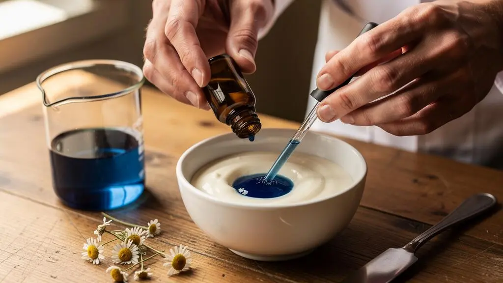 Des mains prélevent un extrait botanique bleu à la pipette au-dessus d'un mortier dans un atelier cosmétique.